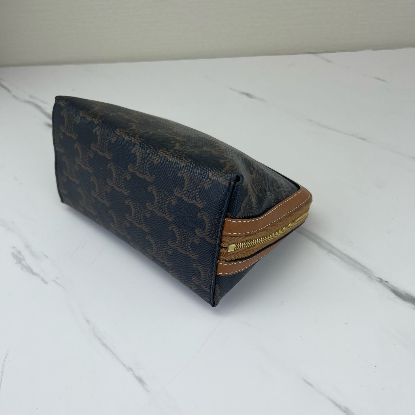 Celine - Triomphe Pouch with Chain - Triomphe coated canvas with leather trim - Brown with Tan Trim - (Mini)