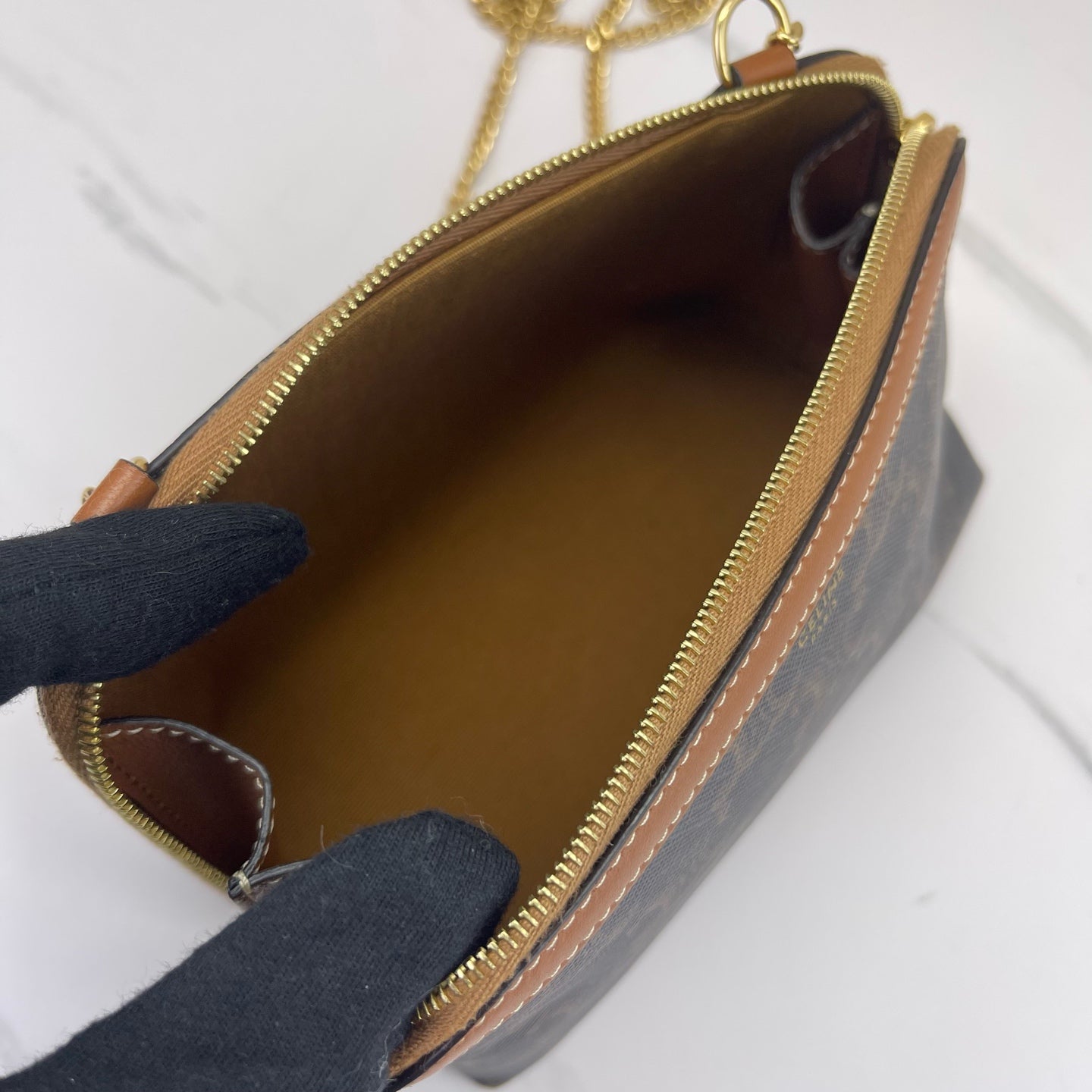 Celine - Triomphe Pouch with Chain - Triomphe coated canvas with leather trim - Brown with Tan Trim - (Mini)