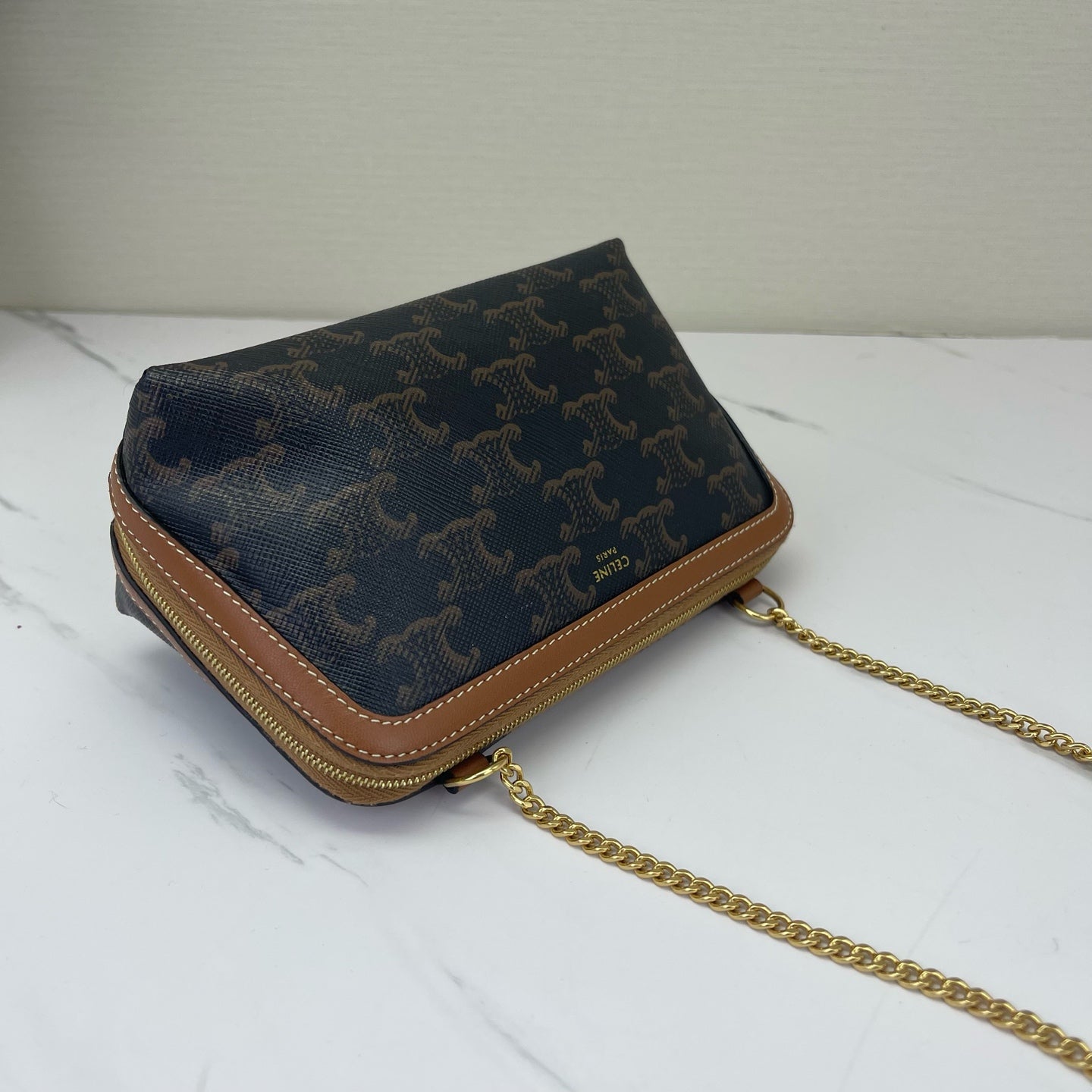 Celine - Triomphe Pouch with Chain - Triomphe coated canvas with leather trim - Brown with Tan Trim - (Mini)