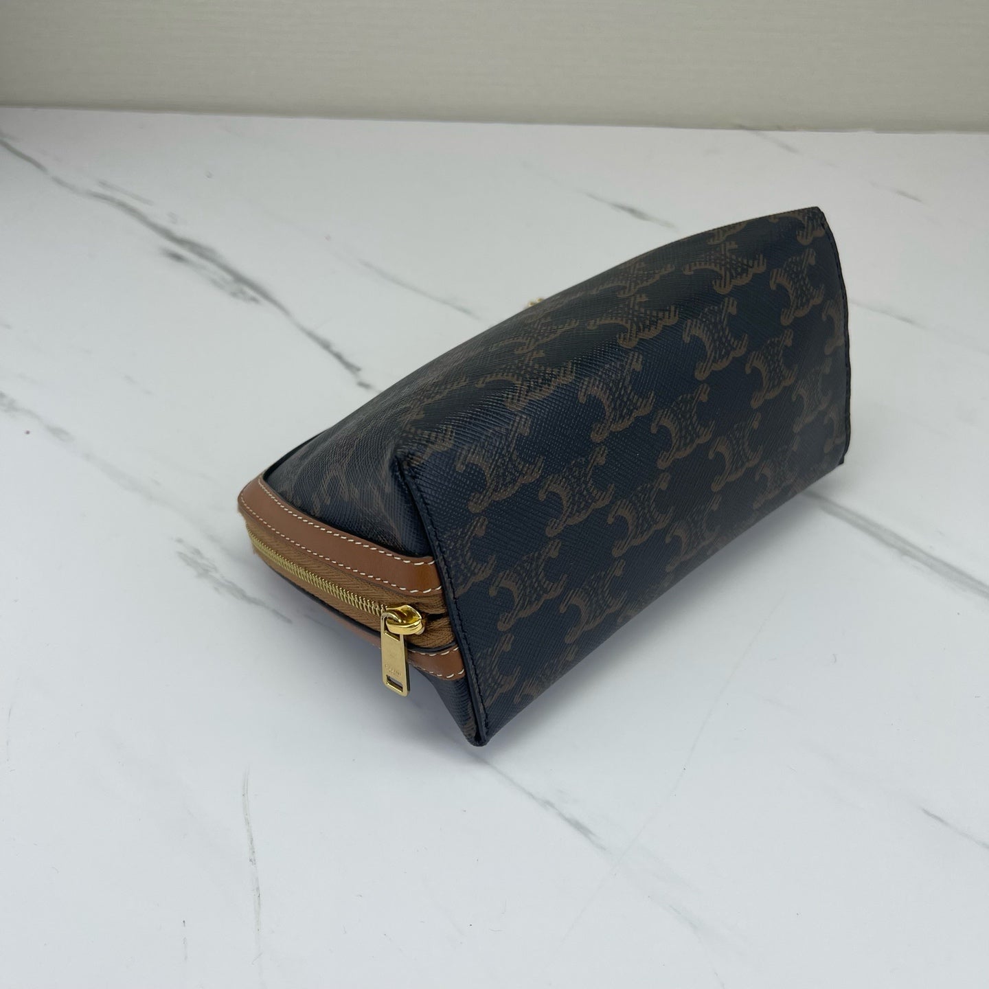 Celine - Triomphe Pouch with Chain - Triomphe coated canvas with leather trim - Brown with Tan Trim - (Mini)