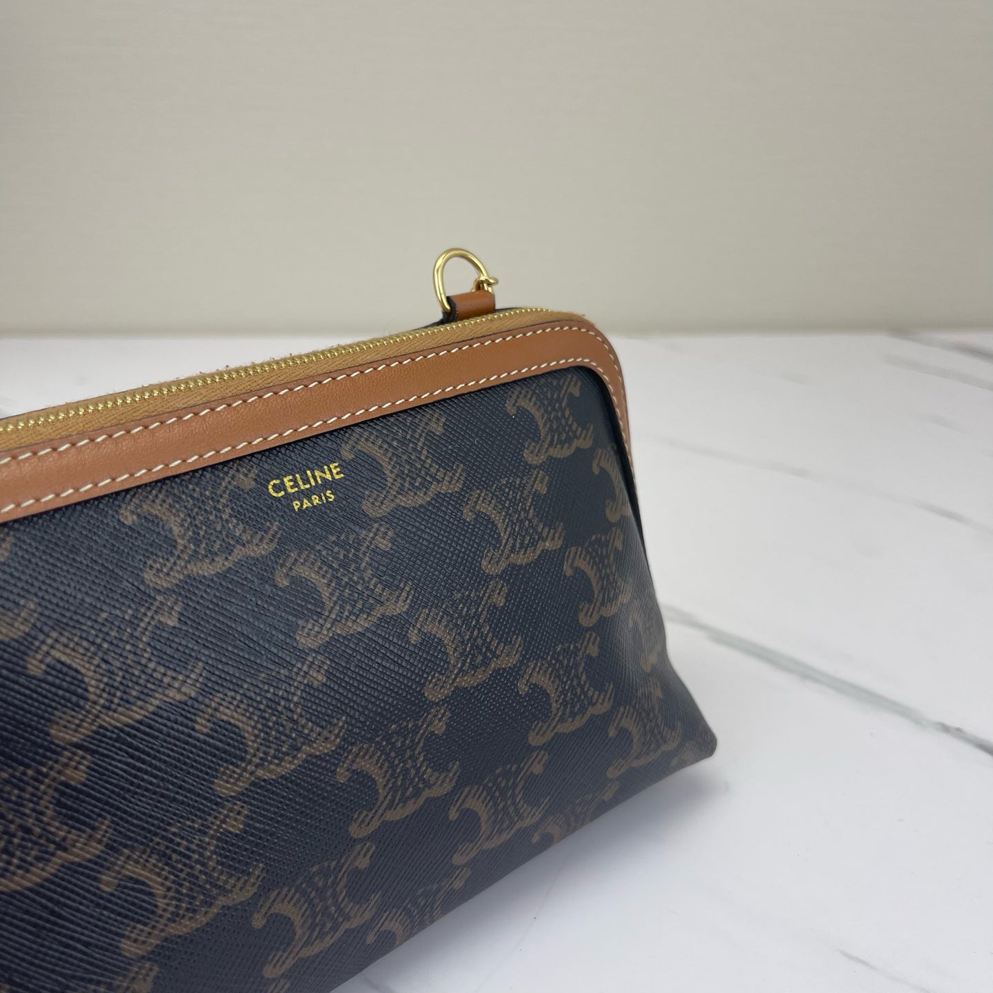 Celine - Triomphe Pouch with Chain - Triomphe coated canvas with leather trim - Brown with Tan Trim - (Mini)