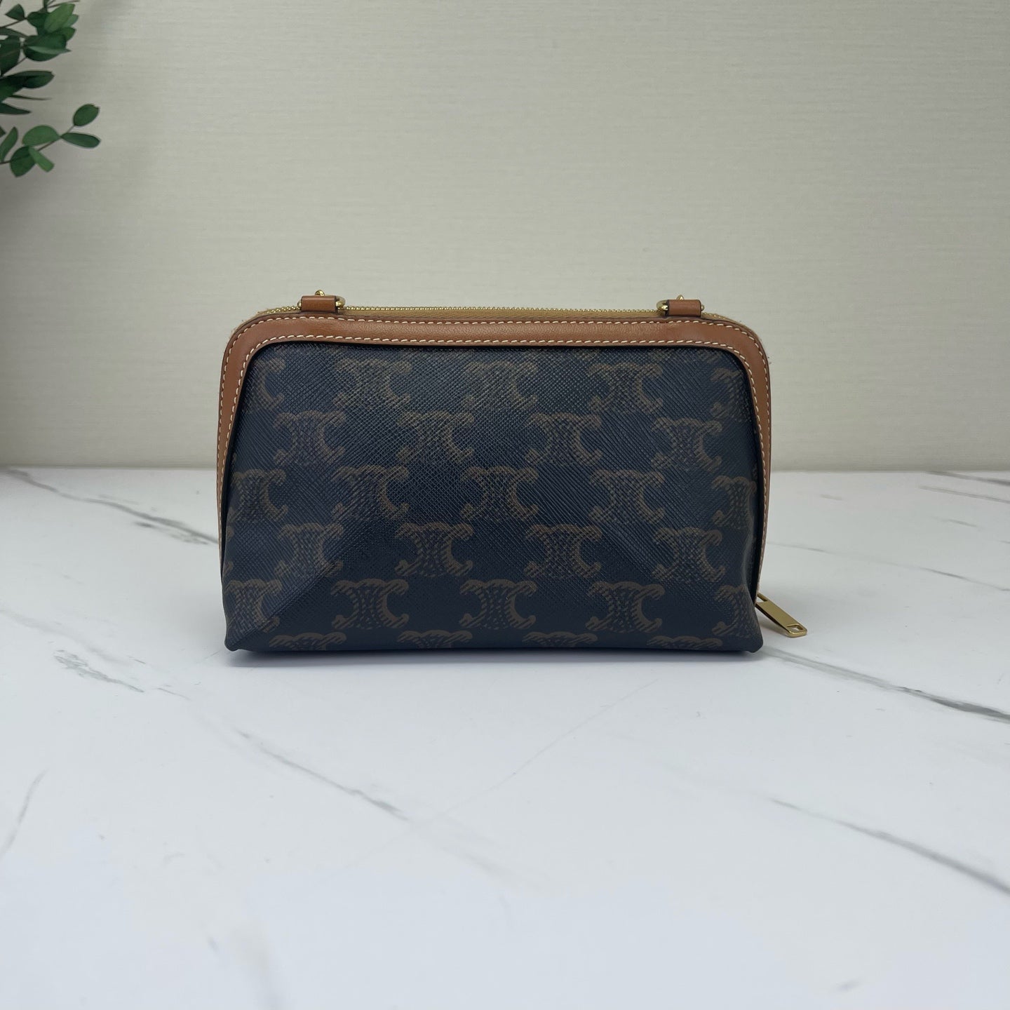 Celine - Triomphe Pouch with Chain - Triomphe coated canvas with leather trim - Brown with Tan Trim - (Mini)