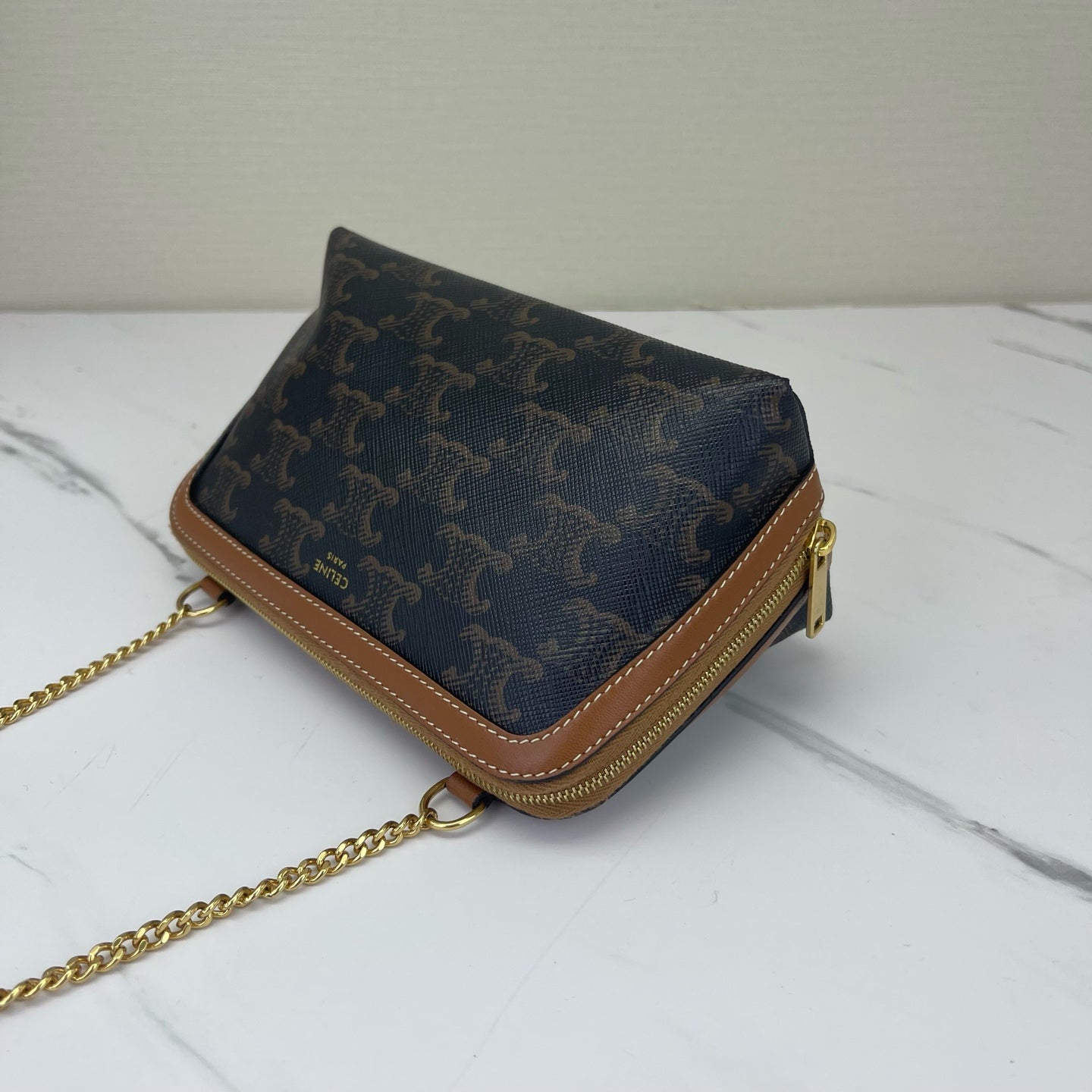 Celine - Triomphe Pouch with Chain - Triomphe coated canvas with leather trim - Brown with Tan Trim - (Mini)