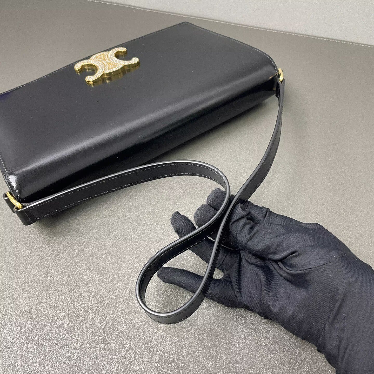 Celine - Triomphe Shoulder Bag - Leather - Black with Gold-Tone Hardware - (small)
