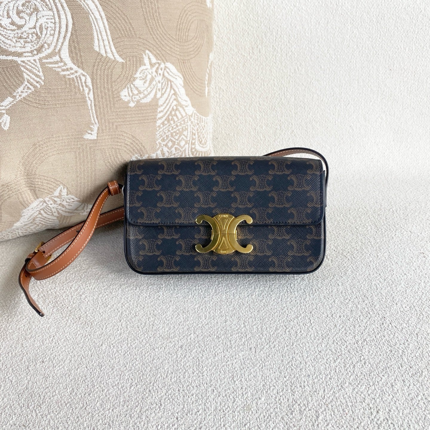 Celine - Triomphe Shoulder Bag - Triomphe canvas with leather trim - Brown - (mini)