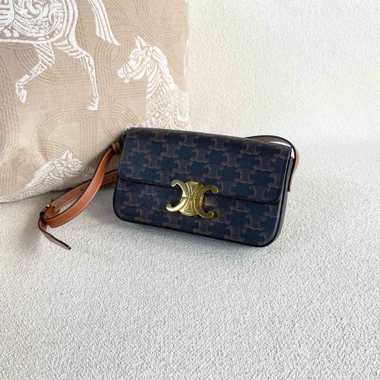 Celine - Triomphe Shoulder Bag - Triomphe canvas with leather trim - Brown - (mini)