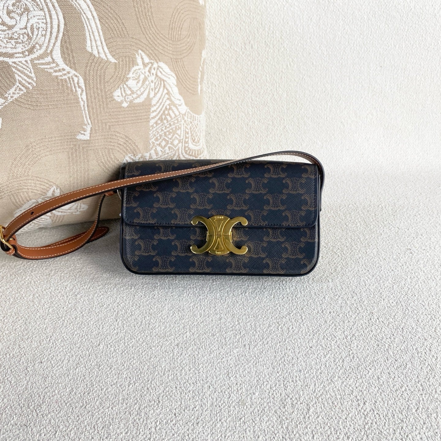 Celine - Triomphe Shoulder Bag - Triomphe canvas with leather trim - Brown - (mini)