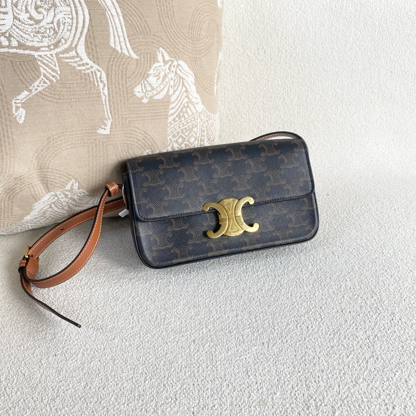 Celine - Triomphe Shoulder Bag - Triomphe canvas with leather trim - Brown - (mini)