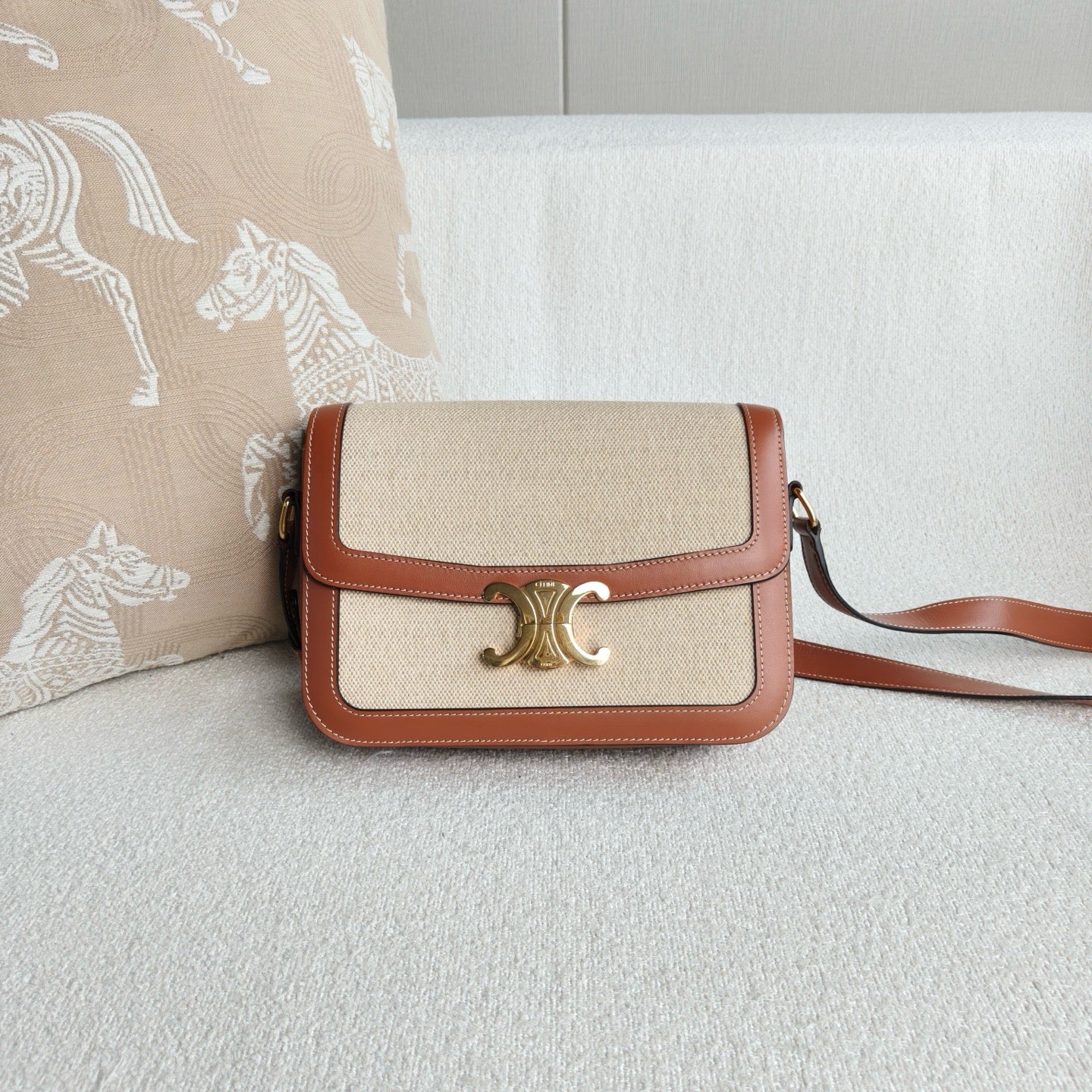 Celine - Triomphe Teen Box Bag - Canvas and leather - Caramel and Beige - (Medium)