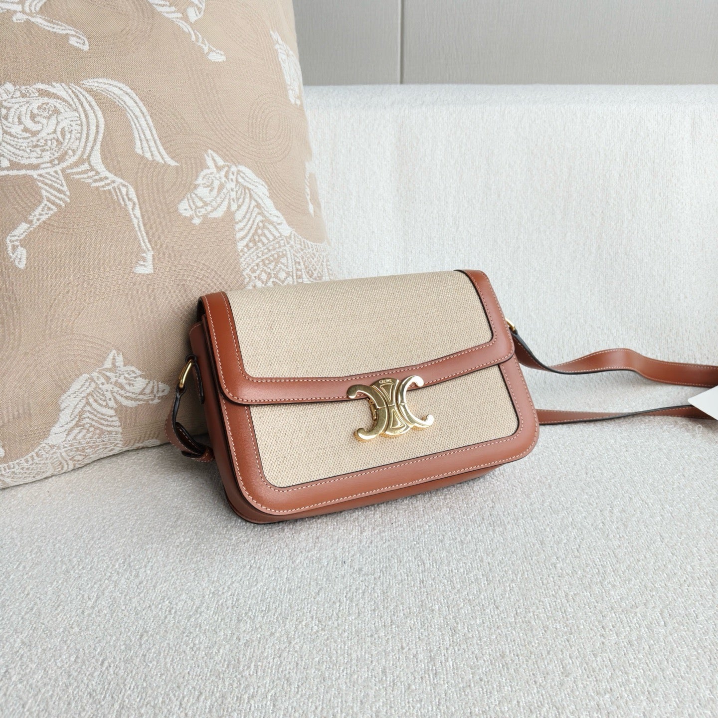 Celine - Triomphe Teen Box Bag - Canvas and leather - Caramel and Beige - (Medium)