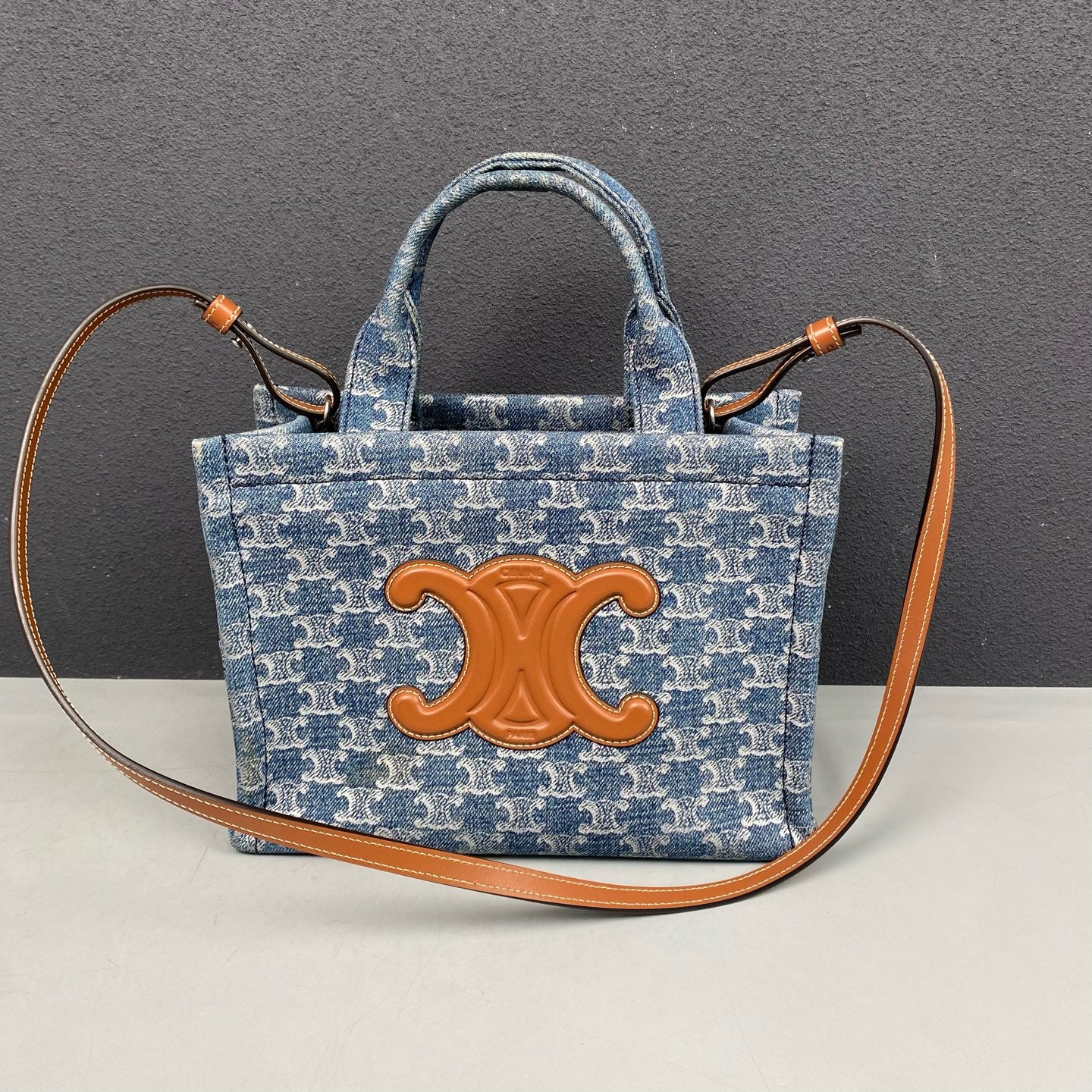Celine - Triomphe Tote Bag - Denim canvas with leather trim - Blue - (Small)