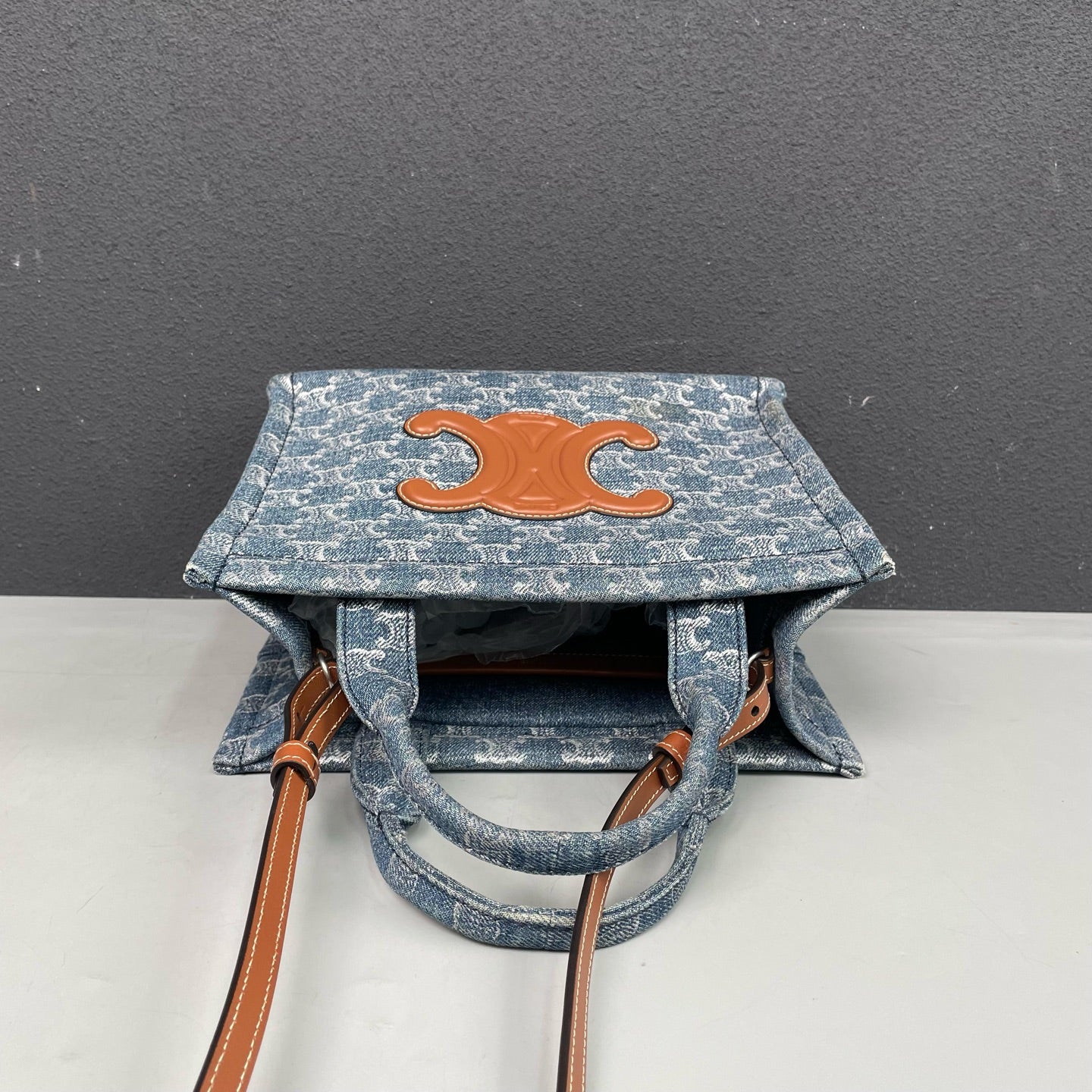 Celine - Triomphe Tote Bag - Denim canvas with leather trim - Blue - (Small)