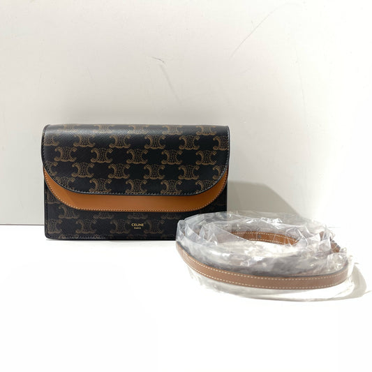 Celine - Triomphe Wallet on Chain - Triomphe canvas and calfskin leather - Brown - (mini)