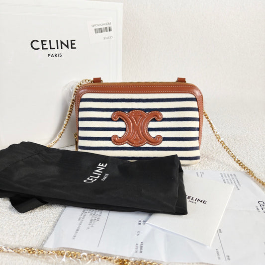 Celine - Triumph Arch Chain Bag - Canvas with Calfskin Leather trim - Blue and White Striped with Brown Leather trim - (mini)