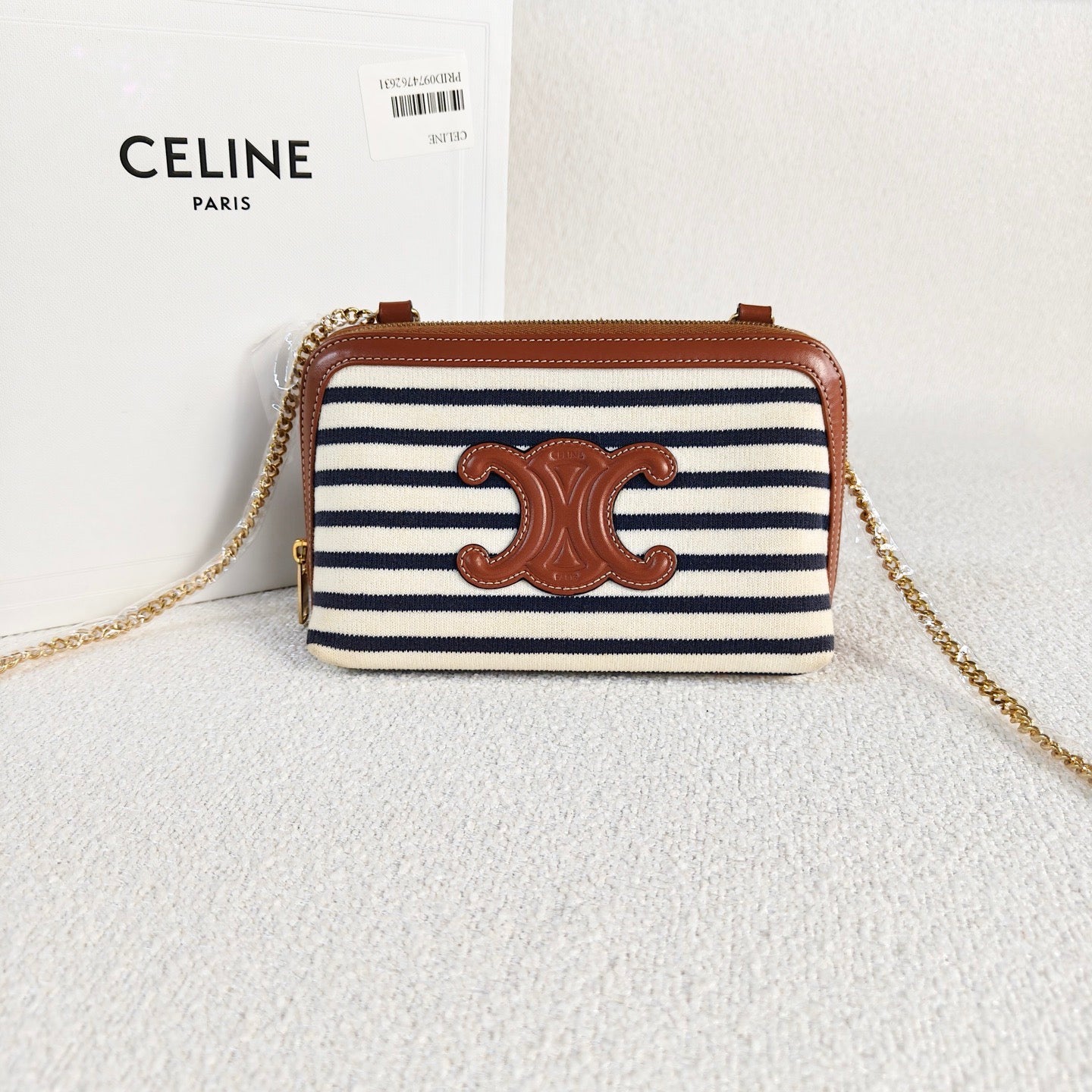 Celine - Triumph Arch Chain Bag - Canvas with Calfskin Leather trim - Blue and White Striped with Brown Leather trim - (mini)