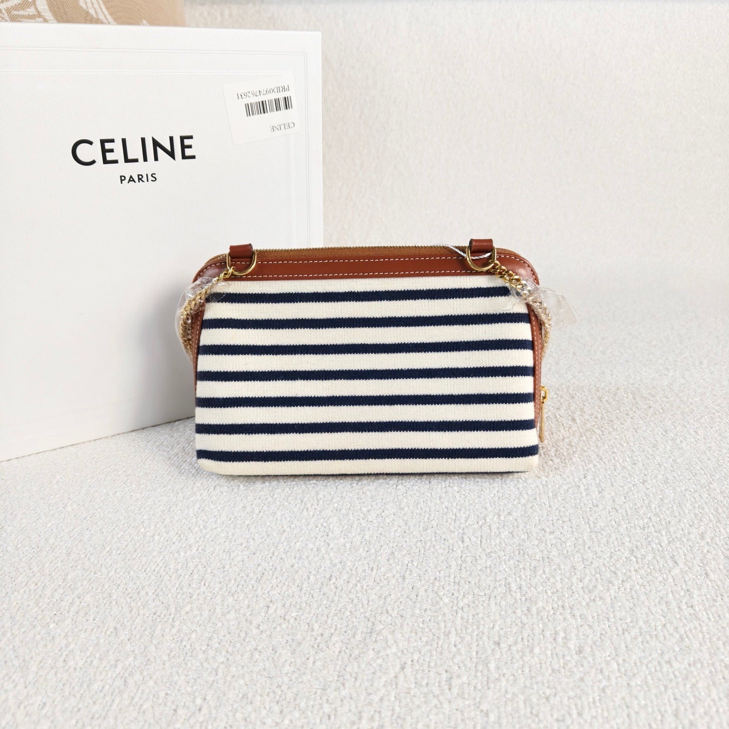 Celine - Triumph Arch Chain Bag - Canvas with Calfskin Leather trim - Blue and White Striped with Brown Leather trim - (mini)