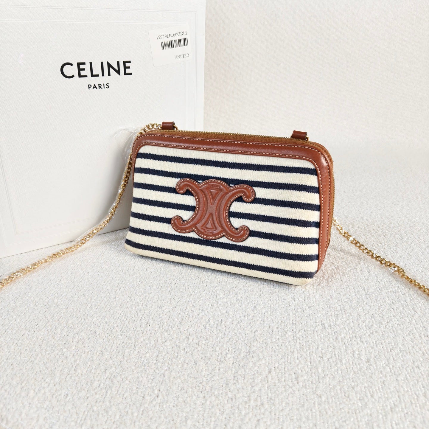 Celine - Triumph Arch Chain Bag - Canvas with Calfskin Leather trim - Blue and White Striped with Brown Leather trim - (mini)