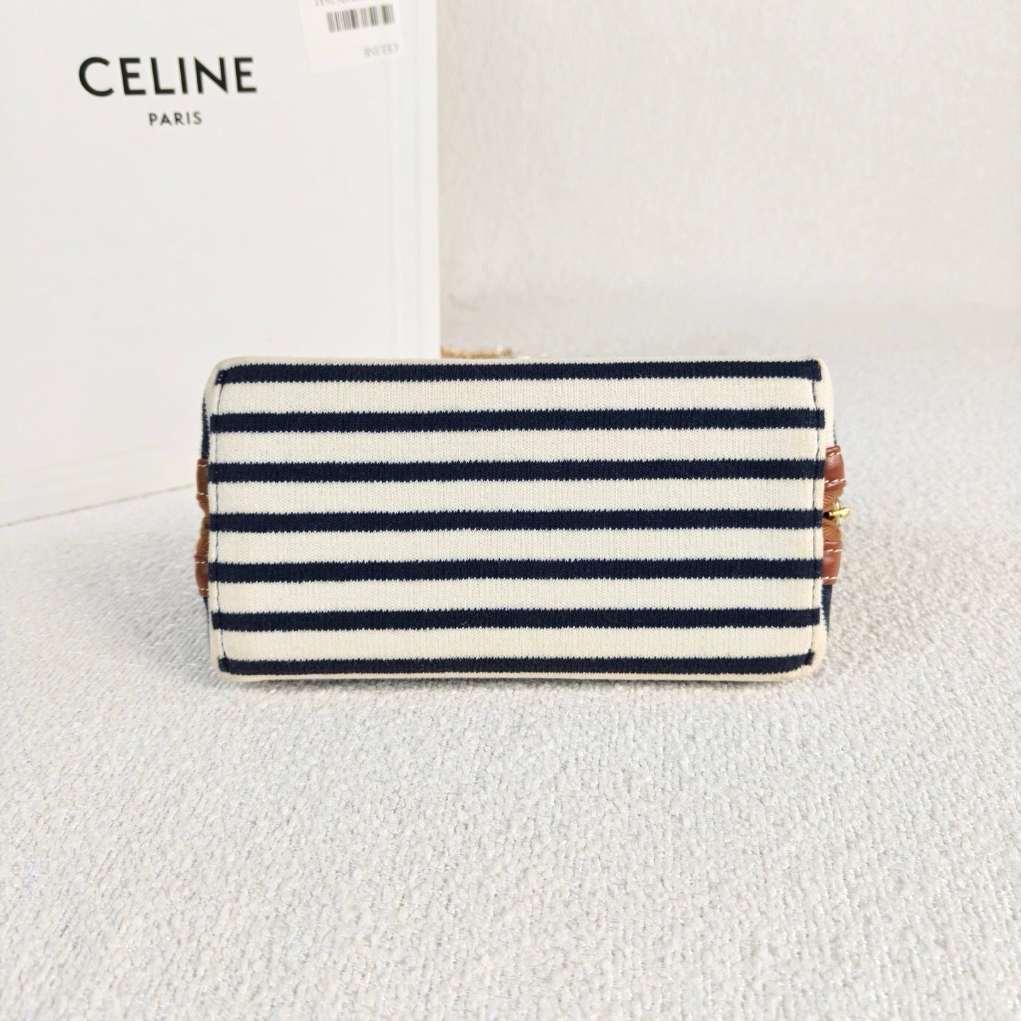 Celine - Triumph Arch Chain Bag - Canvas with Calfskin Leather trim - Blue and White Striped with Brown Leather trim - (mini)