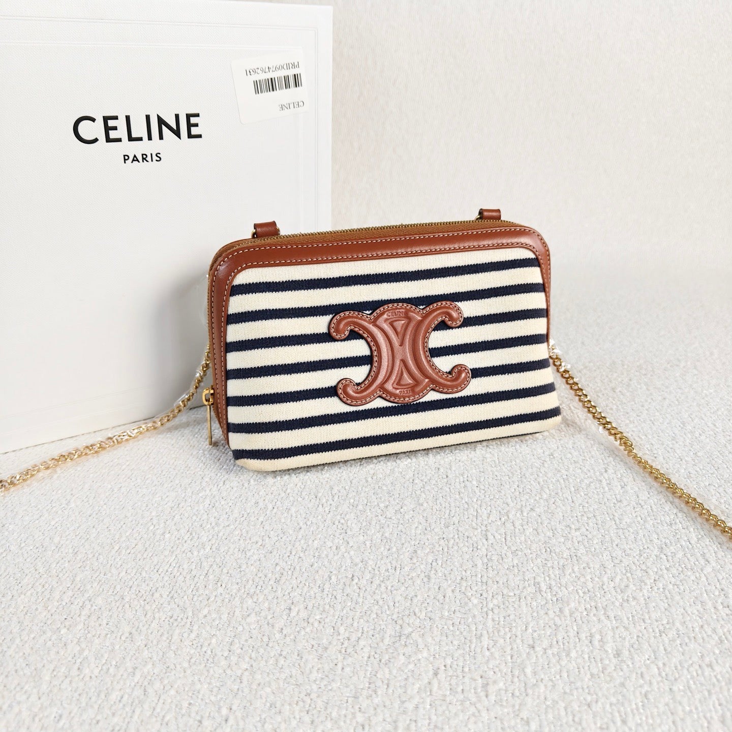 Celine - Triumph Arch Chain Bag - Canvas with Calfskin Leather trim - Blue and White Striped with Brown Leather trim - (mini)