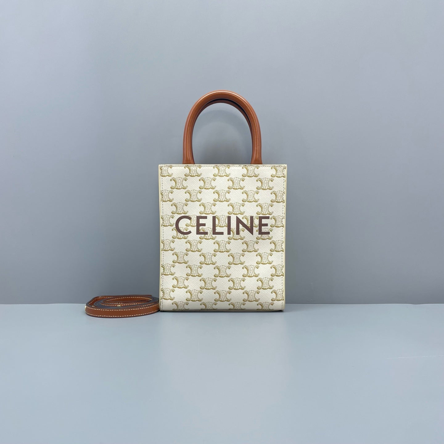 Celine - Vertical Cabas Mini Triomphe Canvas - Coated canvas with leather trim - Beige with brown accents - (mini)