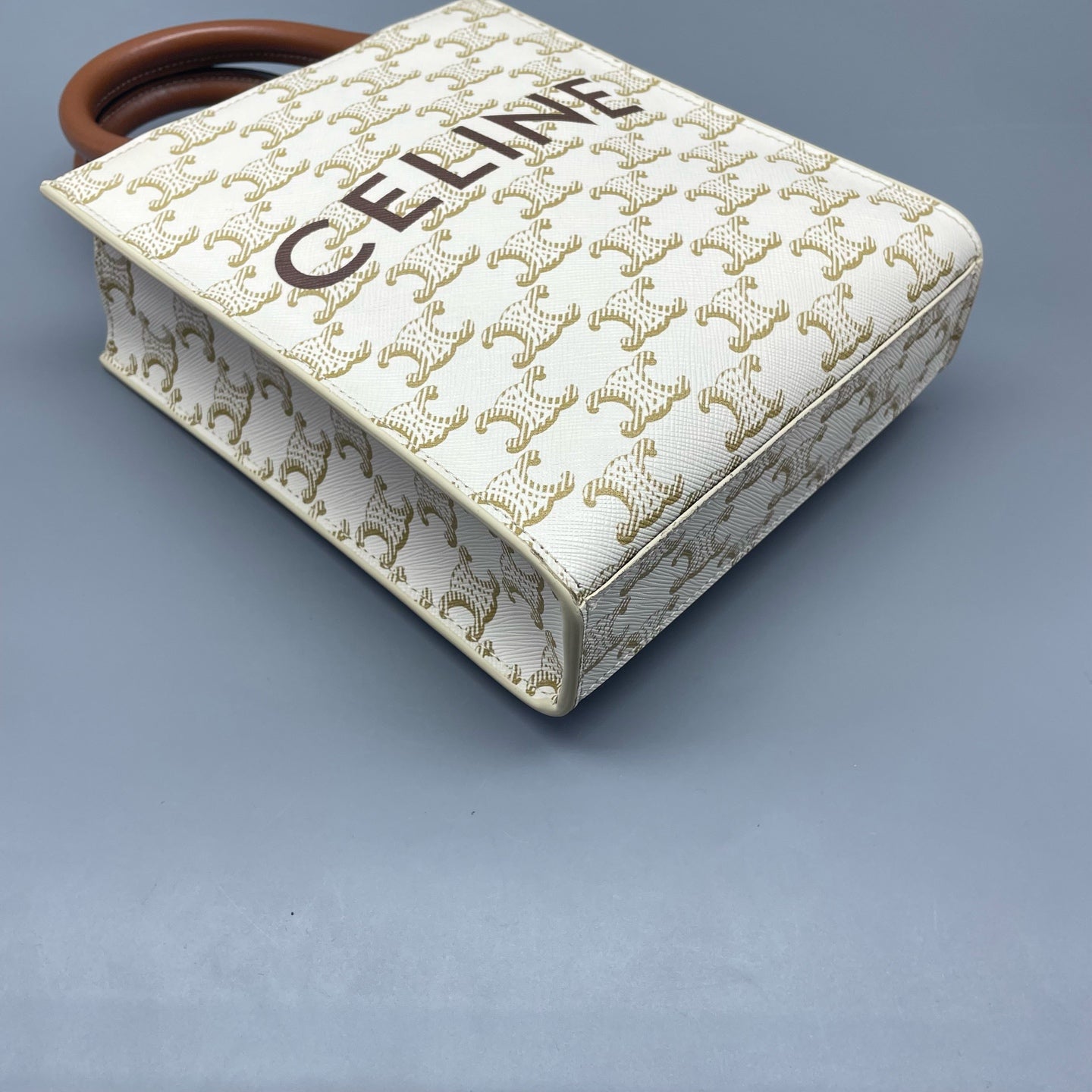 Celine - Vertical Cabas Mini Triomphe Canvas - Coated canvas with leather trim - Beige with brown accents - (mini)