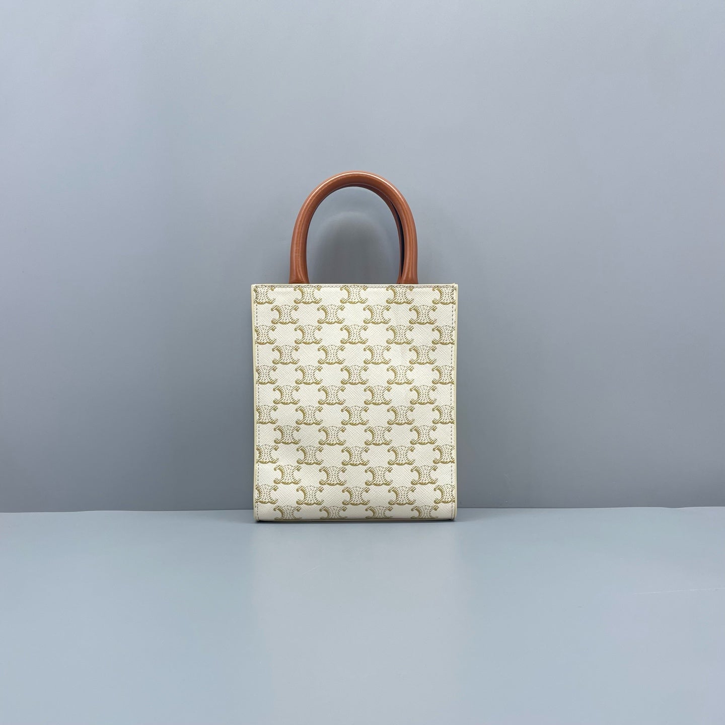Celine - Vertical Cabas Mini Triomphe Canvas - Coated canvas with leather trim - Beige with brown accents - (mini)