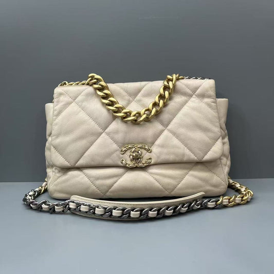 Chanel - 19 Flap Bag - Grained calfskin leather - Beige - (Medium)