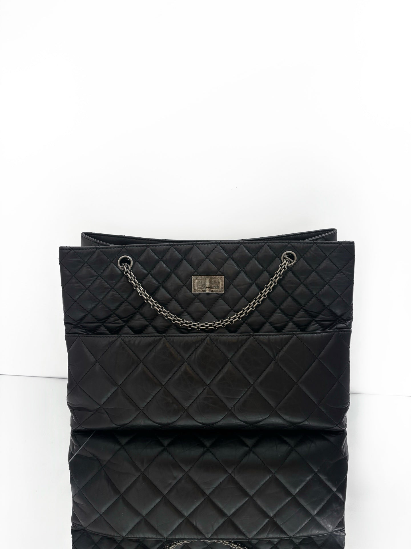 Chanel - 2.55 Series Tote - Aged calfskin leather - Black with Silver-Tone Hardware - (Large)