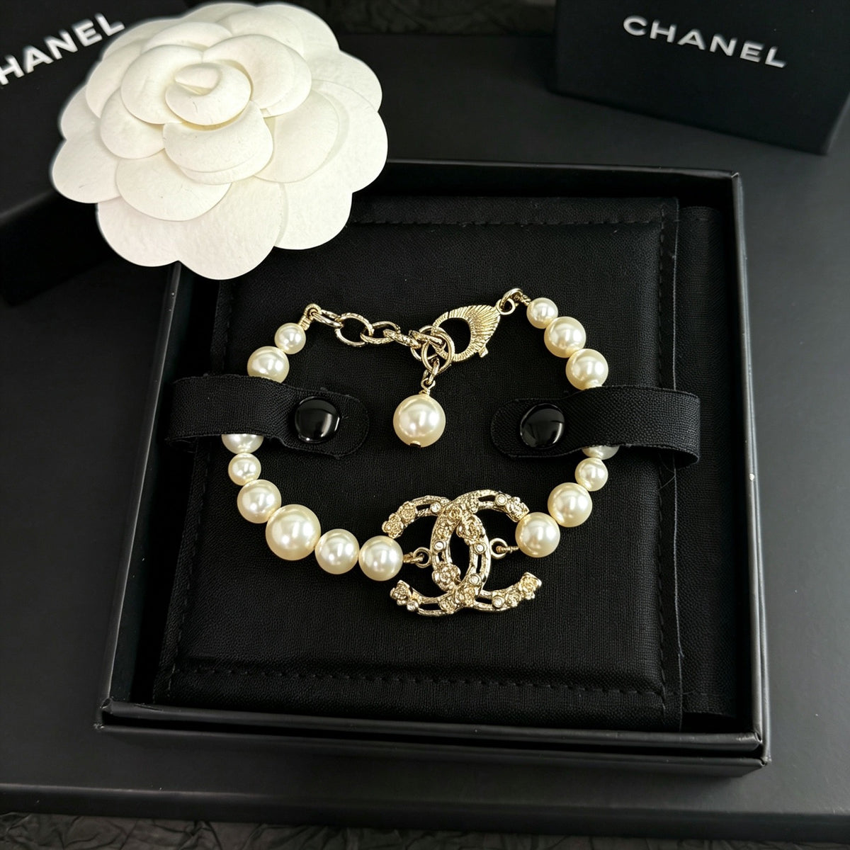 Chanel - 22C Double C Pearl Bracelet - Gold-tone metal with imitation pearls and crystal accents. - Gold