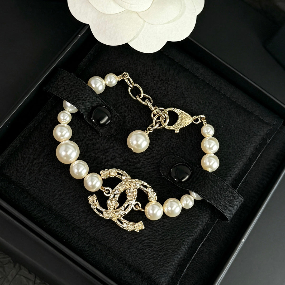 Chanel - 22C Double C Pearl Bracelet - Gold-tone metal with imitation pearls and crystal accents. - Gold
