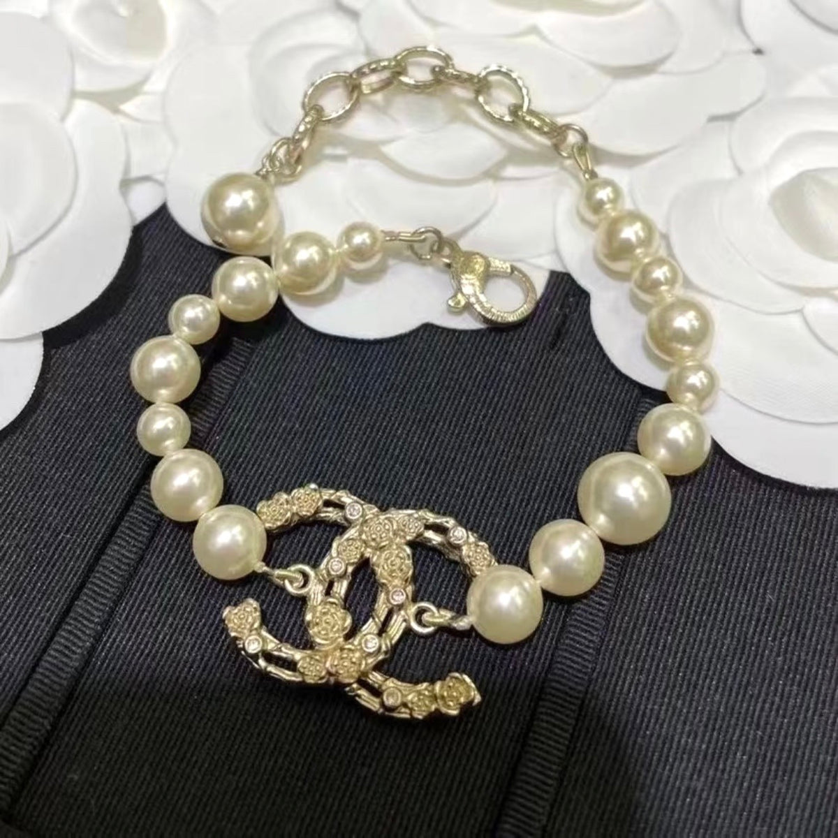 Chanel - 22C Double C Pearl Bracelet - Gold-tone metal with imitation pearls and crystal accents. - Gold