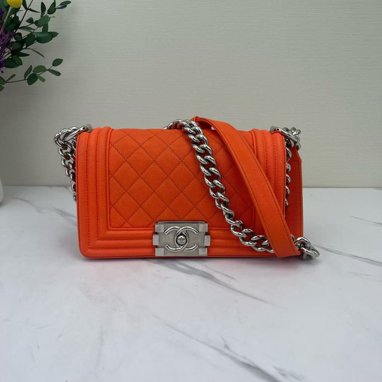 Chanel - Boy Bag - Grained calfskin leather - Orange with Silver-Tone Hardware - (small)