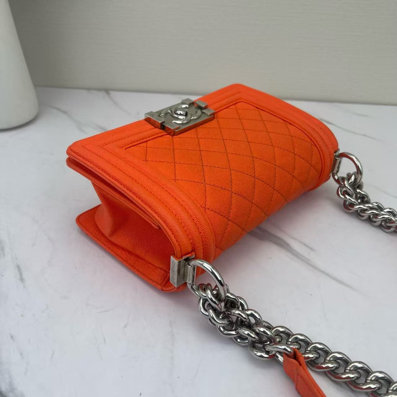 Chanel - Boy Bag - Grained calfskin leather - Orange with Silver-Tone Hardware - (small)