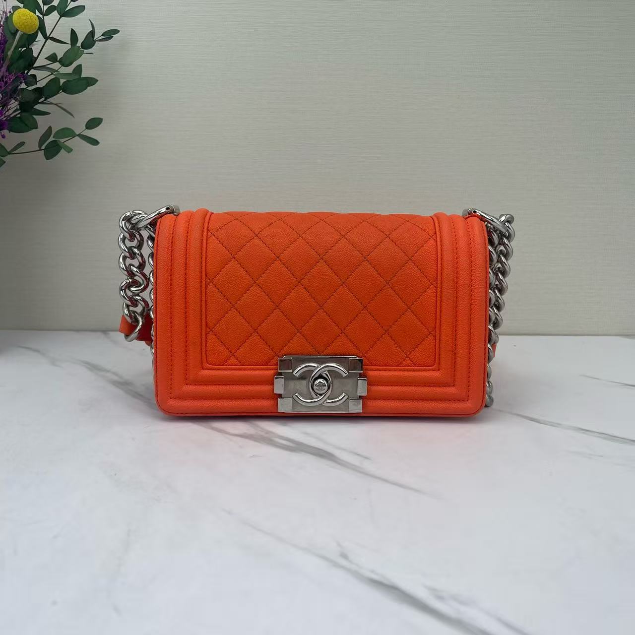 Chanel - Boy Bag - Grained calfskin leather - Orange with Silver-Tone Hardware - (small)