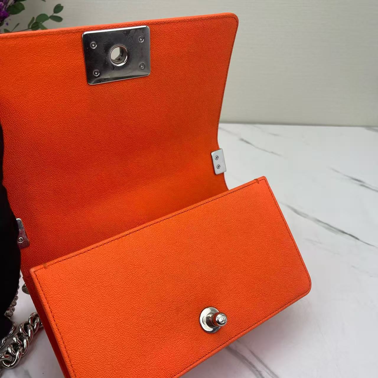 Chanel - Boy Bag - Grained calfskin leather - Orange with Silver-Tone Hardware - (small)