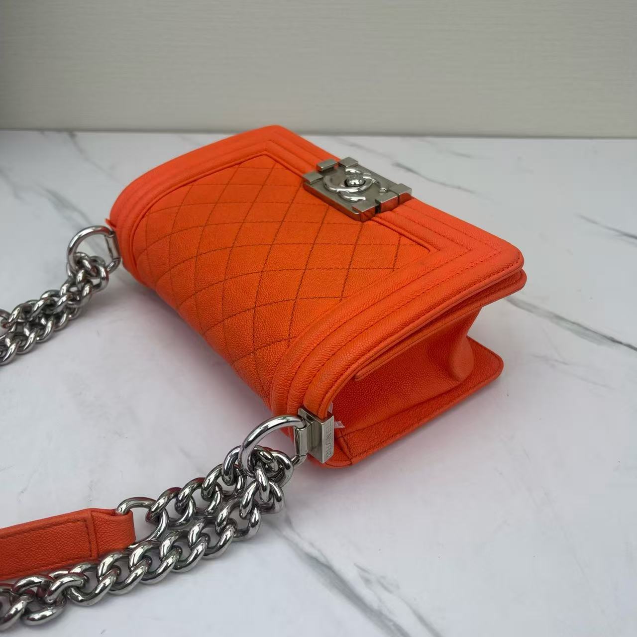 Chanel - Boy Bag - Grained calfskin leather - Orange with Silver-Tone Hardware - (small)