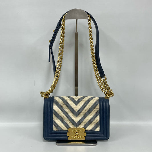 Chanel - Boy Bag - Leather and woven raffia/straw - Navy with blue and white accents - (Small)