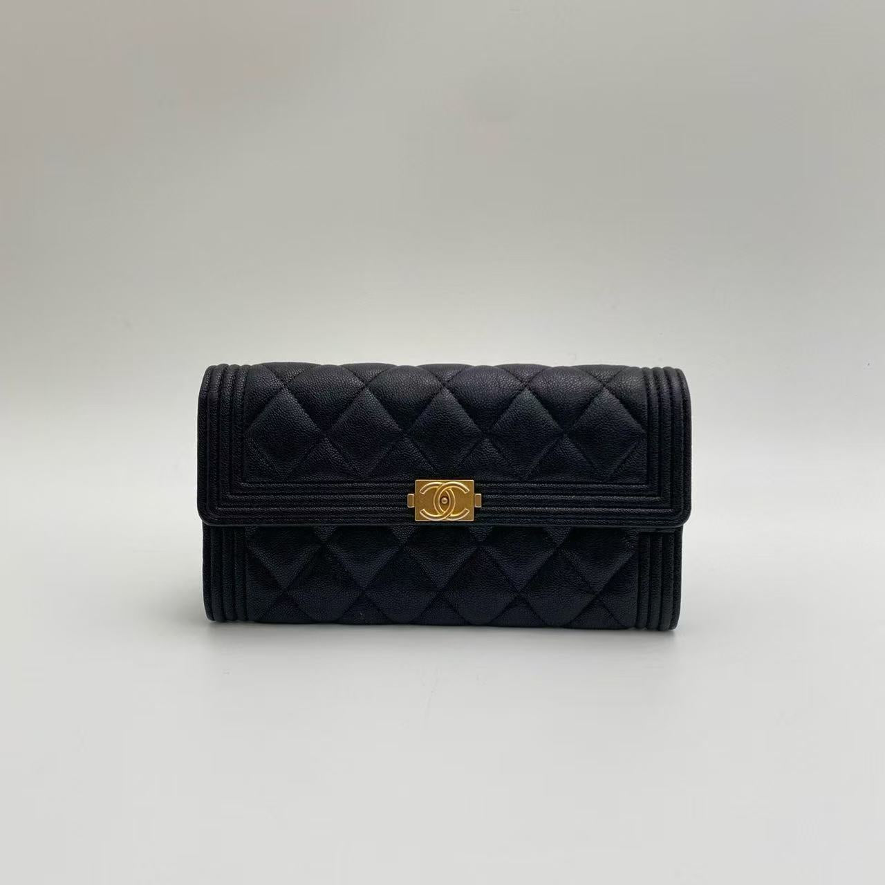 Chanel - Boy Long Wallet - Grained calfskin leather - Black with Gold-Tone Hardware - (Other)