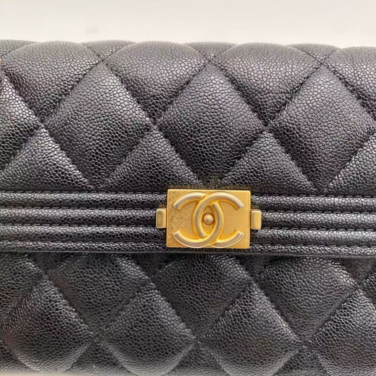 Chanel - Boy Long Wallet - Grained calfskin leather - Black with Gold-Tone Hardware - (Other)