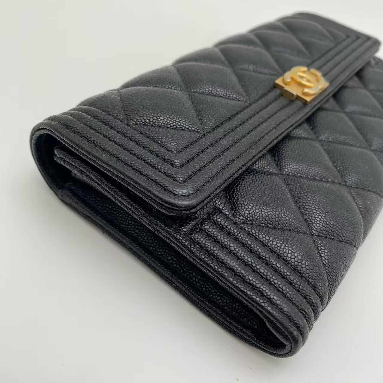 Chanel - Boy Long Wallet - Grained calfskin leather - Black with Gold-Tone Hardware - (Other)