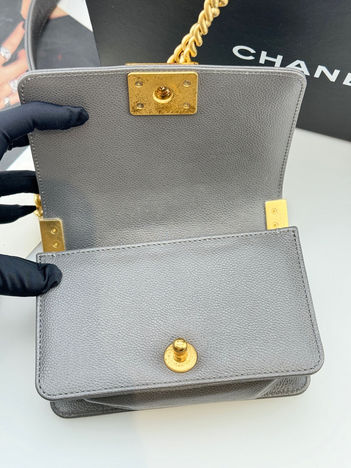 Chanel - Boy Mini - Caviar leather - Grey with Gold-Tone Hardware - (mini)