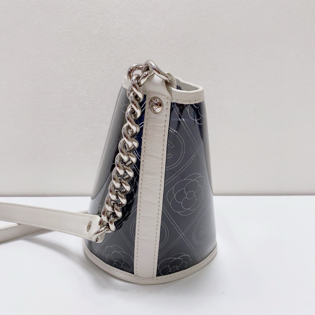 Chanel - Camellia & CC Print Transparent Bucket Bag - Vinyl and Leather - Blue with White Accents - (mini)