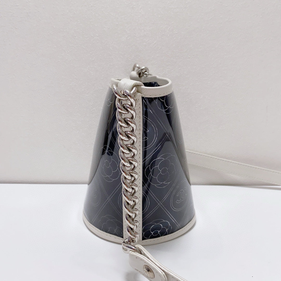 Chanel - Camellia & CC Print Transparent Bucket Bag - Vinyl and Leather - Blue with White Accents - (mini)