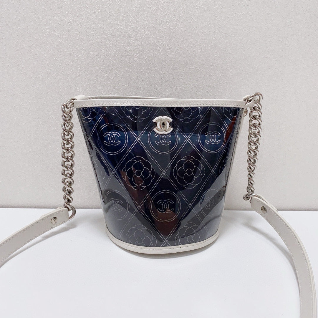Chanel - Camellia & CC Print Transparent Bucket Bag - Vinyl and Leather - Blue with White Accents - (mini)