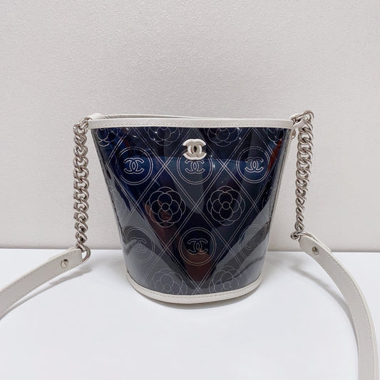 Chanel - Camellia & CC Print Transparent Bucket Bag - Vinyl and Leather - Blue with White Accents - (mini)