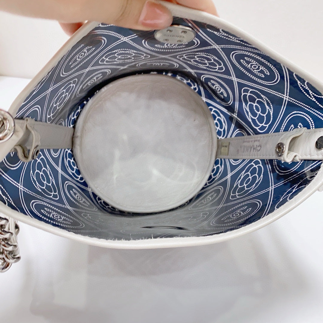 Chanel - Camellia & CC Print Transparent Bucket Bag - Vinyl and Leather - Blue with White Accents - (mini)