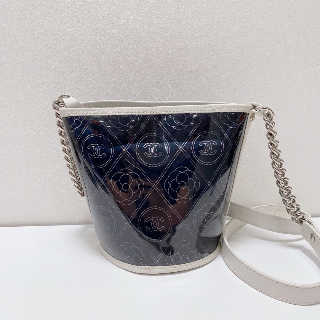 Chanel - Camellia & CC Print Transparent Bucket Bag - Vinyl and Leather - Blue with White Accents - (mini)