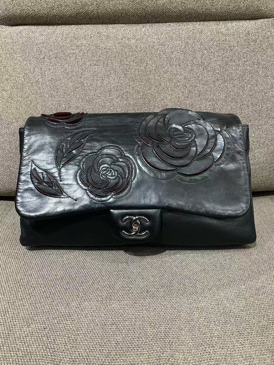 Chanel - Camellia Classic Flap Bag - Lambskin leather - Black with Silver-Tone Hardware and Red Interior - (large)