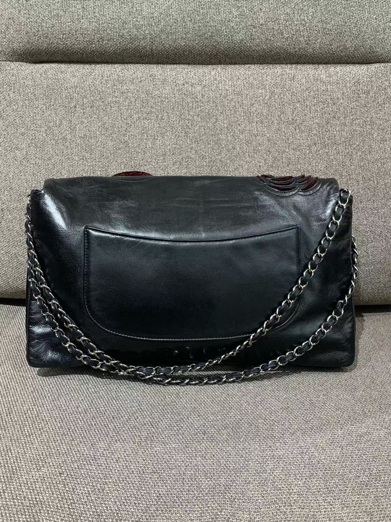Chanel - Camellia Classic Flap Bag - Lambskin leather - Black with Silver-Tone Hardware and Red Interior - (large)
