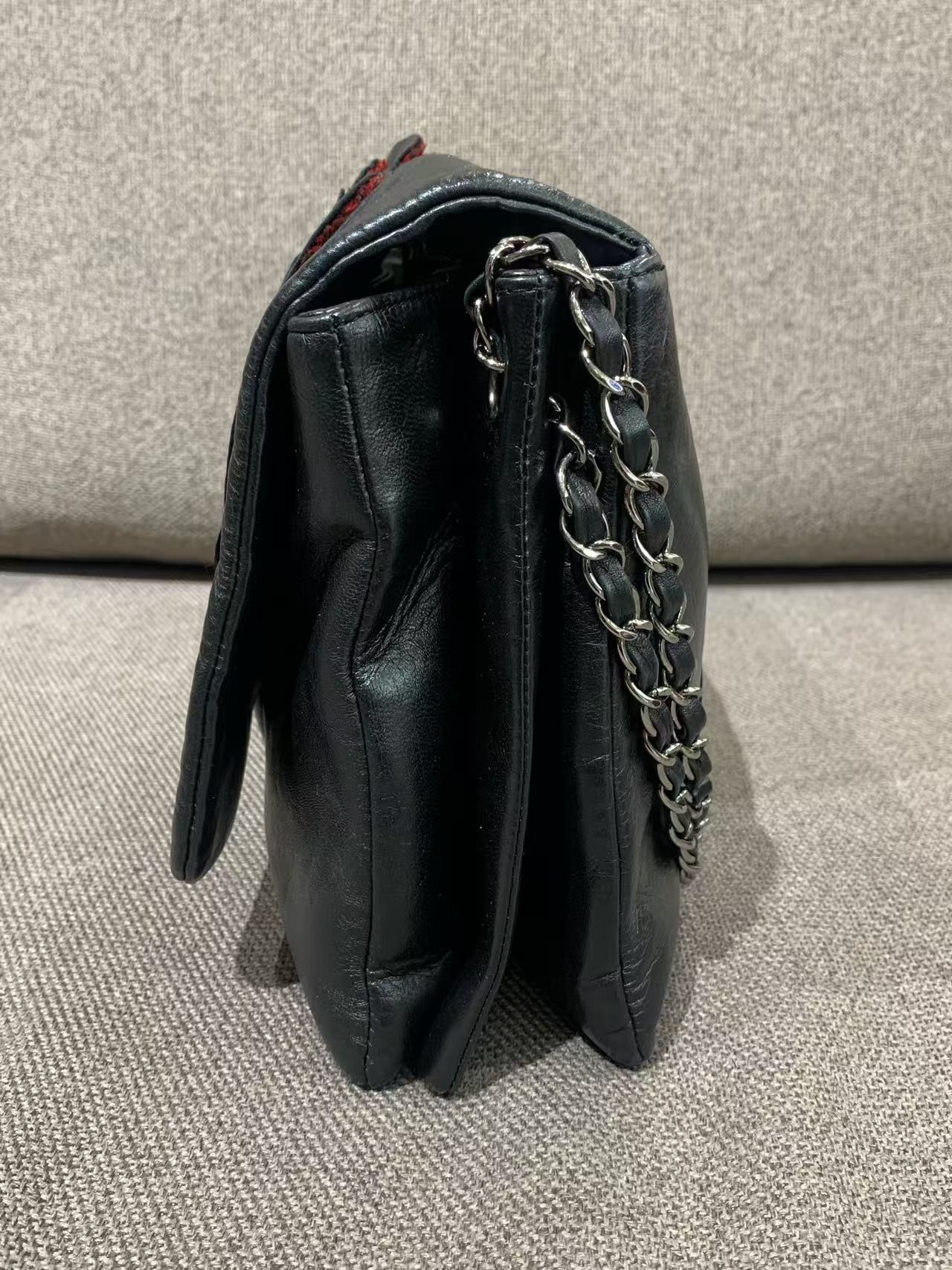 Chanel - Camellia Classic Flap Bag - Lambskin leather - Black with Silver-Tone Hardware and Red Interior - (large)